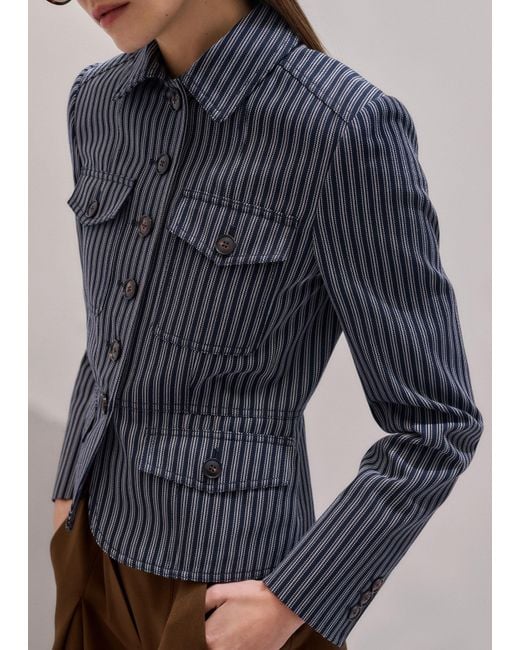 ME+EM Blue Striped Slim Fit Military Jacket/Light Cream