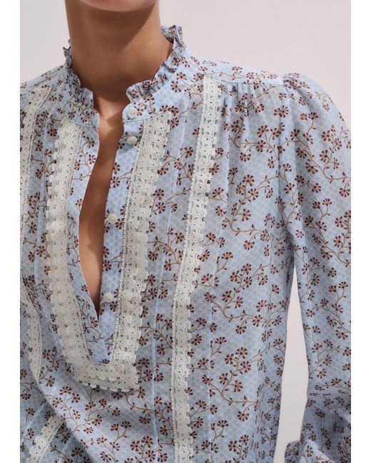 ME+EM Blue Scallop Daisy Print Trim Detail Blouse + Tie