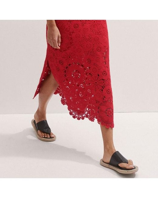 ME+EM Red Asymmetric Cotton Crochet Maxi Dress + Slip