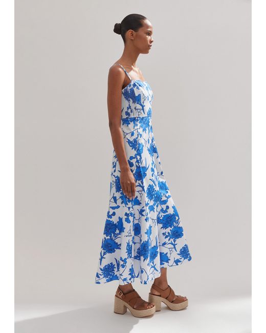 ME+EM Blue Cotton Scribbled Flower Print Maxi Dress