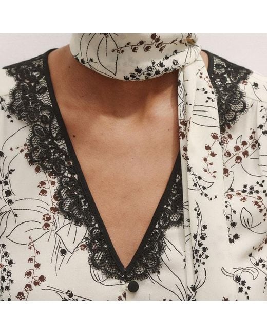 ME+EM Gray Silk Lily Of The Valley Print Blouse + Tie