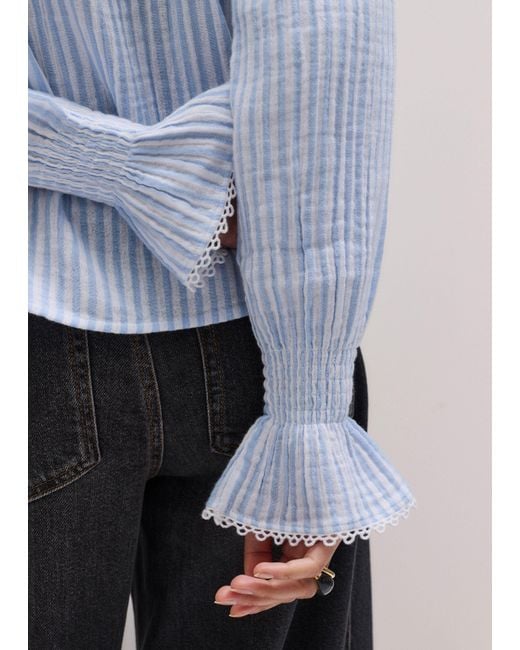 ME+EM Blue Cheesecloth Stripe Long Sleeve Blouse-Soft