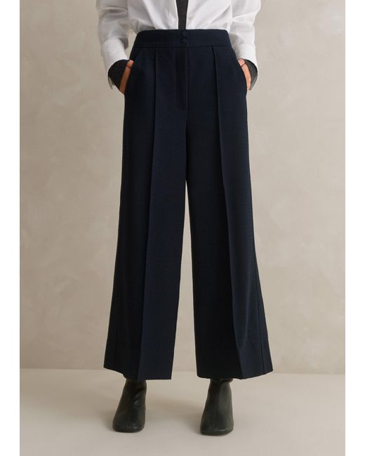 ME+EM Blue Textured High-waisted Wide-leg Crop Trouser