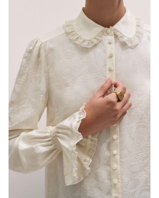 ME+EM Natural Fluid Jacquard And Lace Trim Blouse + Tie