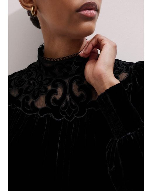 ME+EM Black Silk Blend Velvet Embroidered Top