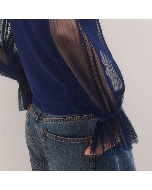 ME+EM Blue Lace Insert Tulle Layering Blouse