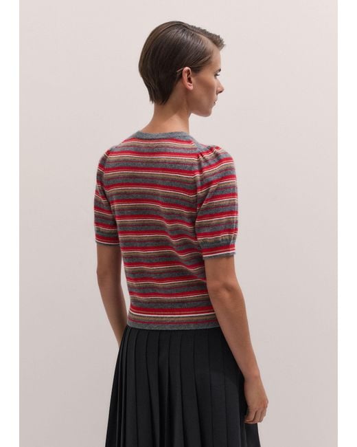 ME+EM Multicolor Pouf Sleeve Striped Cashmere Button Through Tee
