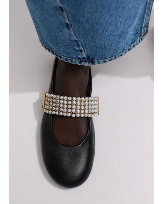 ME+EM Black Pearl Trim Round Toe Ballerina