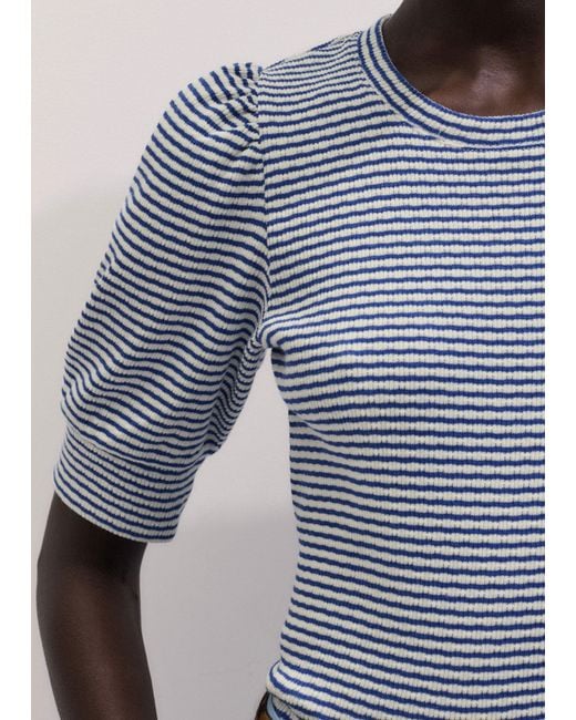 ME+EM Blue Striped Pouf Sleeve Tee Deep-Soft