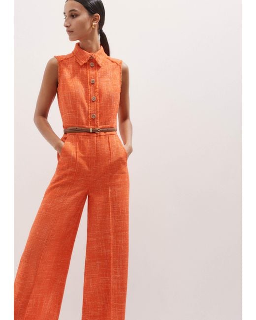 ME+EM Orange Tweed Fray Trim Jumpsuit Papaya