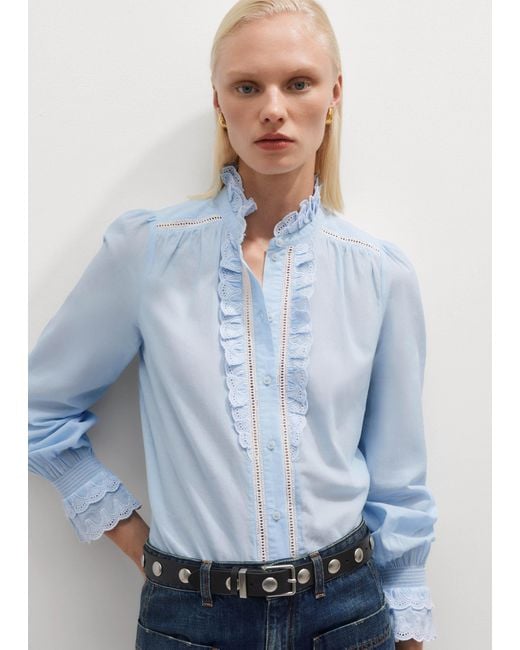 ME+EM Blue Cotton Broderie Trim Detail Blouse