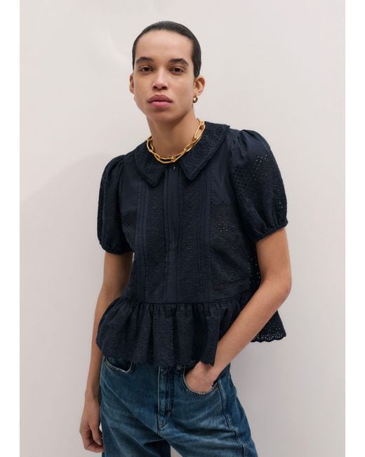 ME+EM Blue Cotton Broderie Boxy Peplum Top