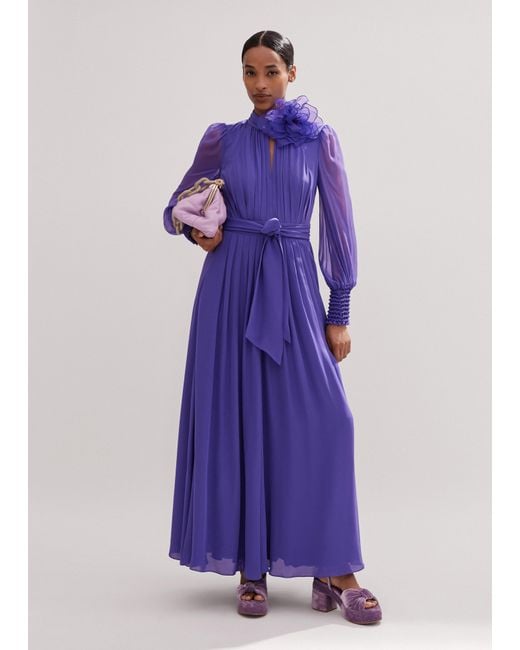 ME+EM Purple Silk Full-Length Dress With Corsage + Belt