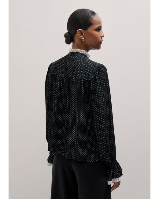 ME+EM Black Micro Polka Dot And Lace Blouse/Light Cream