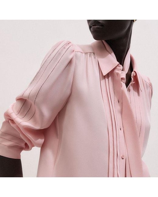 ME+EM Pink Silk Feminine Embroidered Straight Blouse + Tie