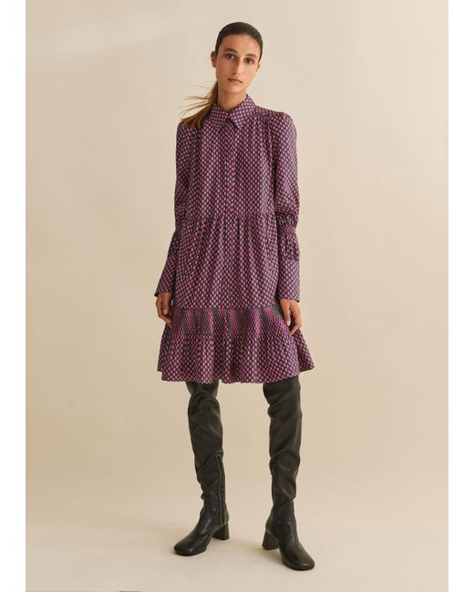 ME+EM Purple Digital Dot Print Short Swing Shirt Dress + Belt