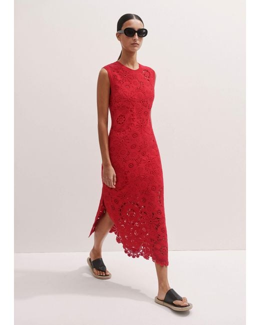ME+EM Red Asymmetric Cotton Crochet Maxi Dress + Slip