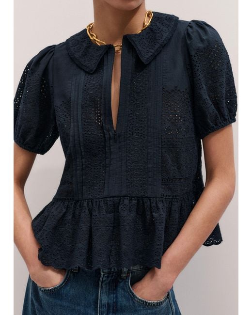 ME+EM Blue Cotton Broderie Boxy Peplum Top