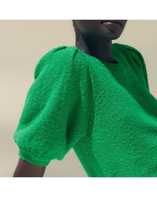 ME+EM Green Cotton Bouclé Pouf Sleeve Knit Tee