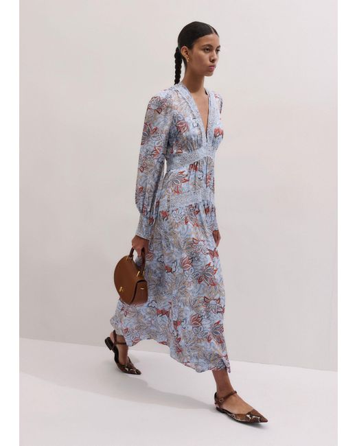 ME+EM White Silk Delicate Paisley Print Fit And Flare Maxi Dress/Multi