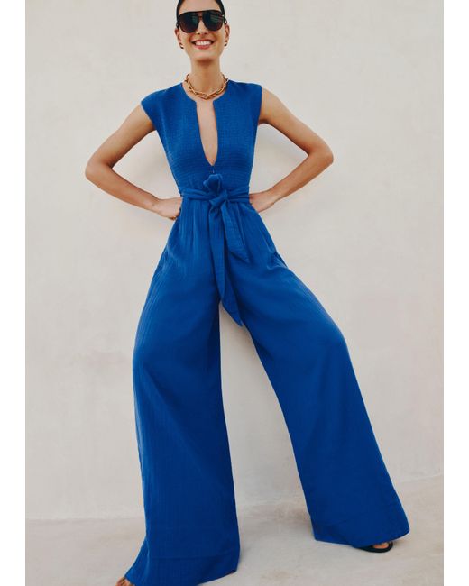 ME+EM Blue Cheesecloth Smocked Bodice Wide Leg Jumpsuit + Belt
