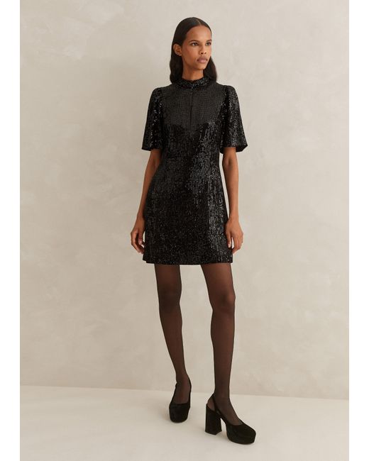 ME+EM Black Silk-blend Velvet Sequin Mini Shift Dress