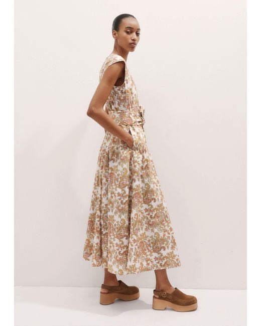 ME+EM Blue Cotton Poplin Geo Paisley Print Maxi Dress + Belt