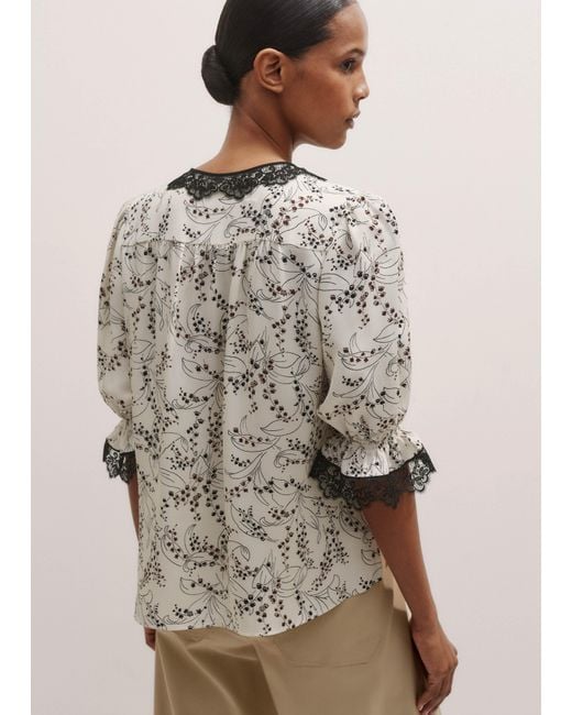 ME+EM Gray Silk Lily Of The Valley Print Blouse + Tie
