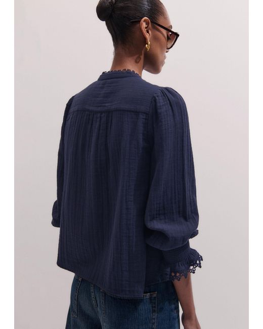 ME+EM Blue Cheesecloth Intricate Detail Blouse