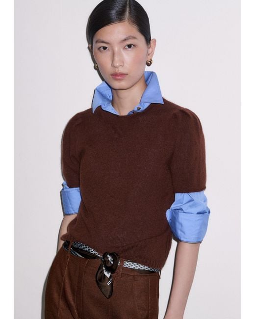 ME+EM Brown Merino Cashmere Silk Pouf Sleeve Knit Tee