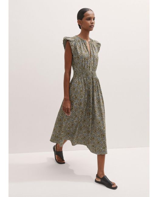 ME+EM Natural Cotton Trailing Lotus Print Midi Dress Cream//Multi