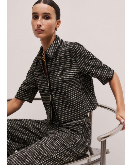 ME+EM Black Stripe Tweed Zip-Front Top