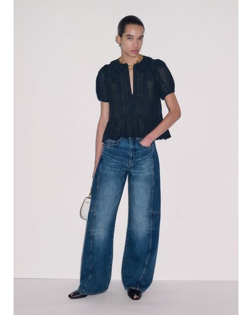 ME+EM Blue Cotton Broderie Boxy Peplum Top