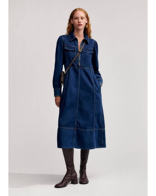 knee length dresses for ladies Buy Women Blue Halter Collar Neck Denim Dress Online at Best Price main image 1