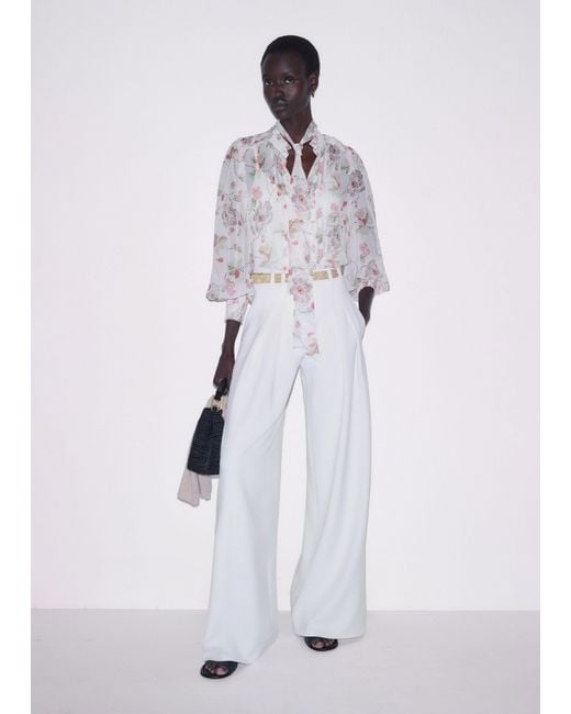 ME+EM Gray Silk Dotted Poppy Print Blouse With Cami + Tie