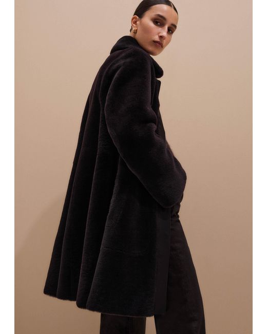 ME+EM Black Luxe Shearling Leather Mix Swing Coat