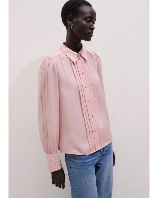 ME+EM Pink Silk Feminine Embroidered Straight Blouse + Tie