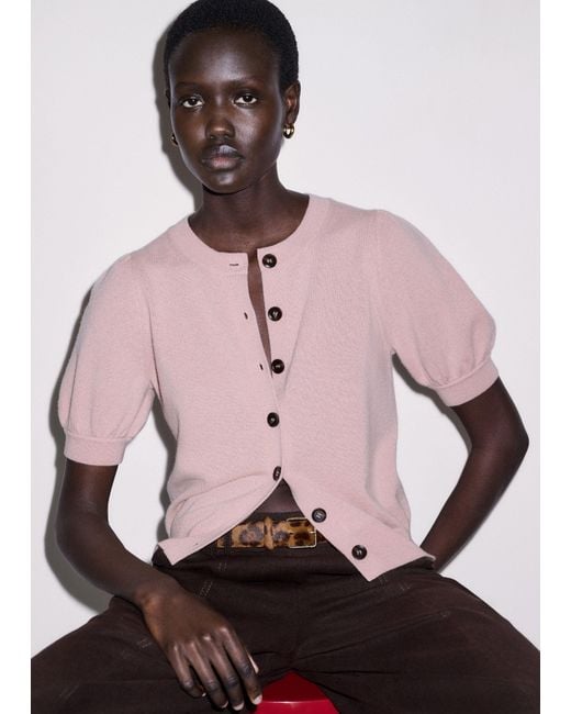 ME+EM Pink Pouf Sleeve Cashmere Button Through Tee