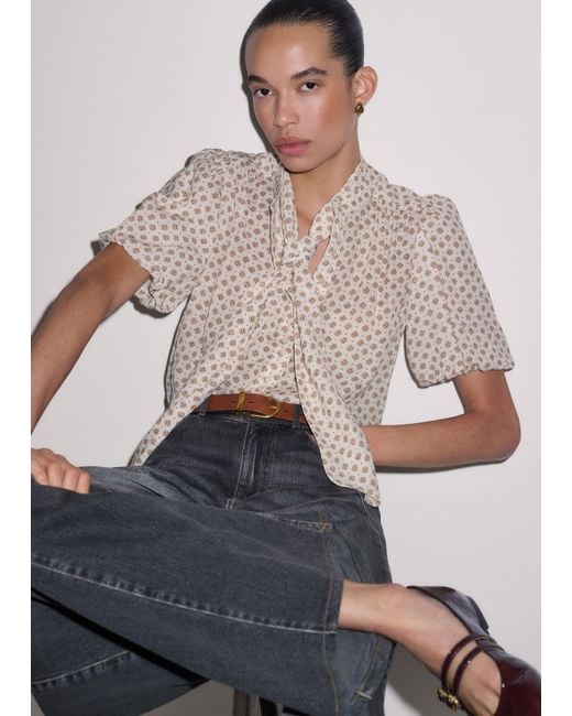 ME+EM Gray Silk Cotton Foulard Print Short Sleeve Blouse + Tie