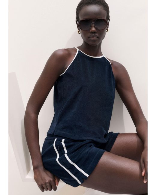 ME+EM Blue Towelling Halterneck Top-Cream