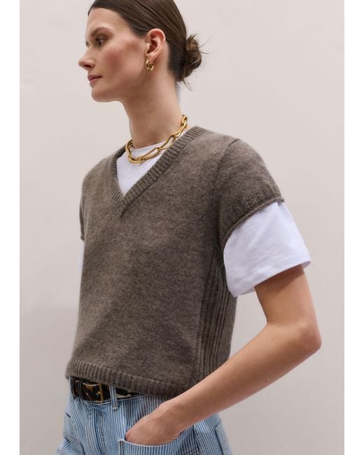 ME+EM Brown Merino Cashmere Silk V-Neck Straight Baby Tee