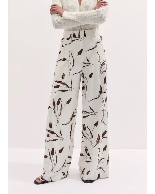ME+EM White Crease-Less Linen Modern Tulips Print Wide Leg Trouser Light Cream