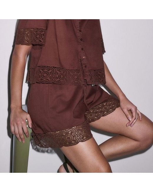 ME+EM Brown Cotton Lace Trim Cropped Top