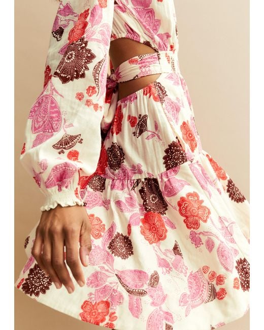 ME+EM Pink Cheesecloth Bali Print Fit And Flare Dress