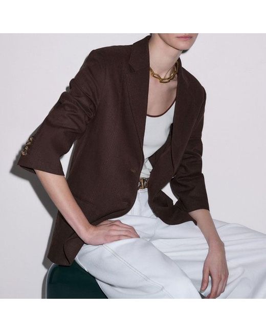 ME+EM Brown Crease-Less Linen Deconstructed Lightweight Summer Blazer