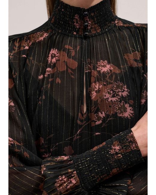 ME+EM Black Silk Blend Watercolour Print Swing Blouse With Tie + Cami/Multi