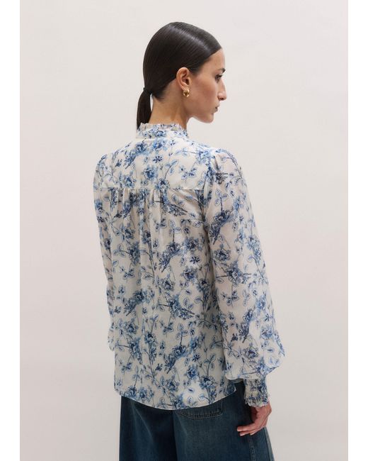ME+EM Gray Silk Cotton Blend Floral Print Blouse + Tie