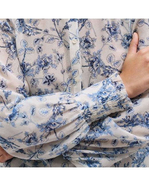 ME+EM Gray Silk Cotton Blend Floral Print Blouse + Tie
