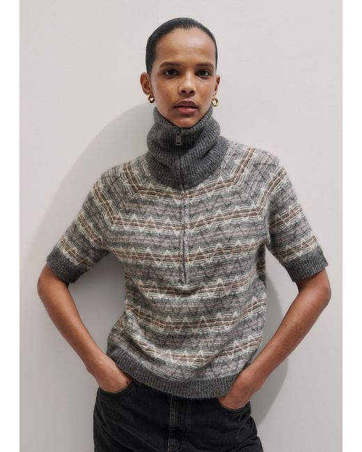 ME+EM Gray Half Zip Jacquard Knit Tee