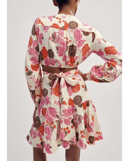 ME+EM Red Cheesecloth Bali Print Fit And Flare Dress Cream//Multi